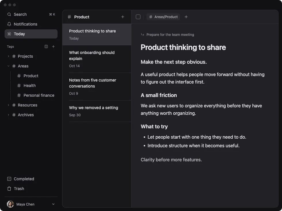 TodoNote with Maya’s product thinking note open under Areas/Product.
